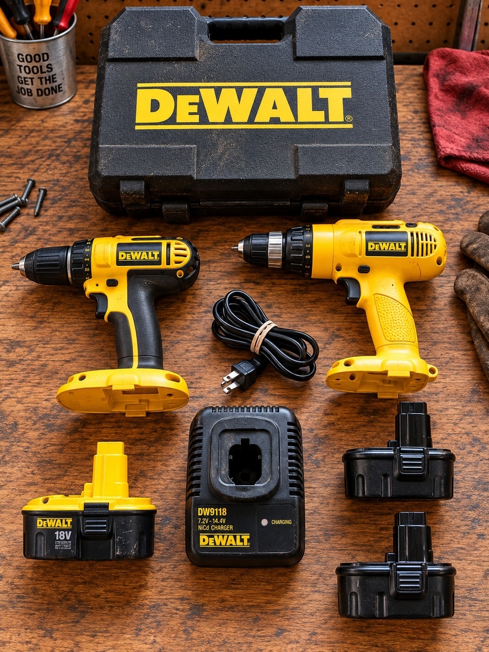 DEWALT Cordless Drill Lot DW954 14.4V + DC720 18V | Case | Charger | 3 Batteries